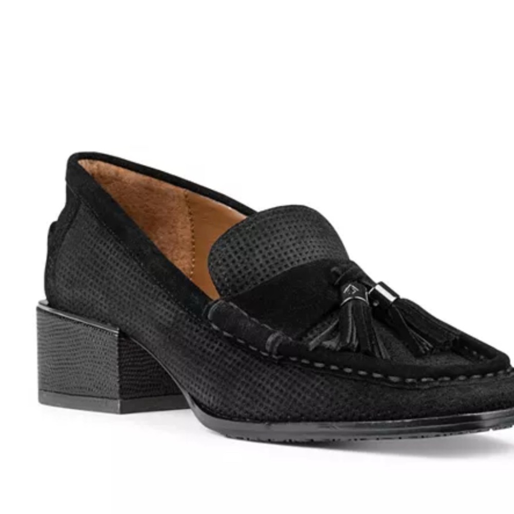 Donald J. Pliner Black Tassel Low Block Heel Loafer